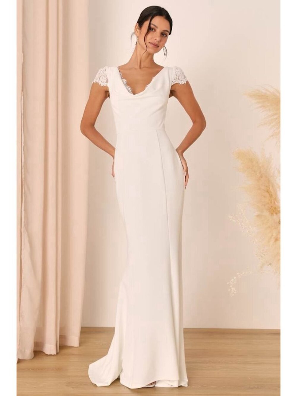 Lulus Forever Beloved Wedding Dress Sz Large White Lace Cap Sleeve Mermaid Maxi - Picture 4 of 8